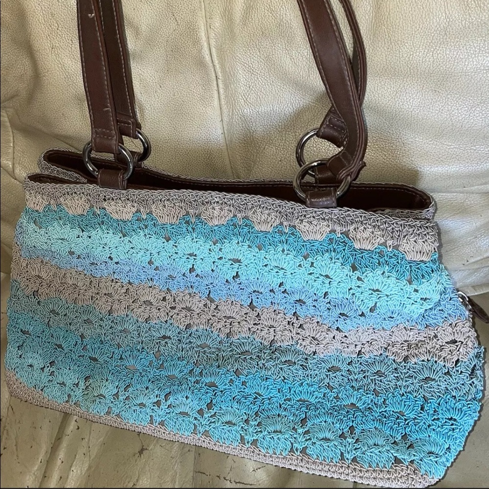 Pretty blues crochet purse brown strap! EUC!
